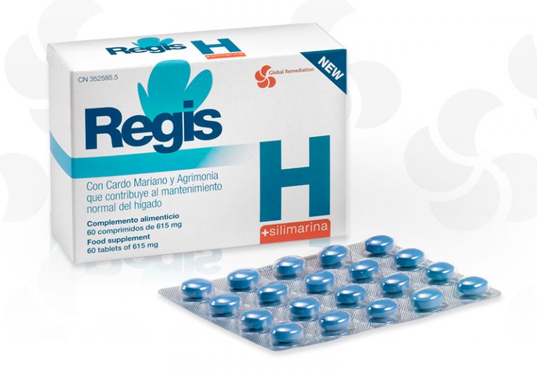 Regis H Silimarina. Cuida de tu hígado. Suplemento alimenticio con activos antiedad y antioxidantes. Foto del producto.